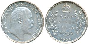 Edward VII, Silver ½ Rupee, 1905, Calcutta Mint, No mint mark, (Prid 309). About Uncircula