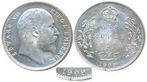 Edward VII, Silver Rupee, 1909, Bombay Mint, B incuse with dot on the vine and 9 over 8 in