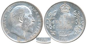Edward VII, Silver Rupee, 1910, Bombay Mint, B incuse with dot on the vine and 10 over 09 