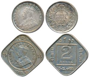George V, Silver ¼ Rupee, 1919, Calcutta Mint; Cupro-Nickel 2 Annas, 1935, Bombay Mint. Ex