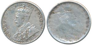 George V, Silver Rupee, Error, Brockage, light but complete lakhi impression on rev., the 