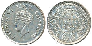 George VI, Silver Rupee, 1938, Bombay Mint, A / I / without Dot, (Prid 233). Nice golden t