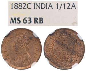 Victoria Empress, Copper 1/12 Anna, 1882, Calcutta Mint, (Prid 788). Graded by NGC MS63RB.