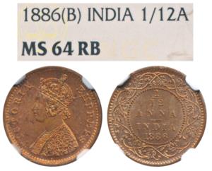 Victoria Queen, Copper 1/12 Anna, 1886, Bombay Mint (Prid 813). Graded by NGC MS64RB.