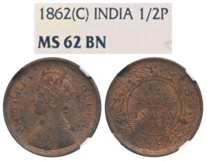 Victoria Queen, Copper ½ Pice, 1862, Calcutta Mint, (Prid 711). Graded by NGC MS62BN.