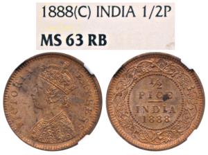 Victoria Empress, Copper ½ Pice, 1888, Calcutta Mint, (Prid 720). Graded by NGC MS63RB.