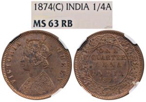 Victoria Queen, Copper ¼ Anna, 1874, Calcutta Mint, (Prid 608). Graded by NGC MS63 RB.