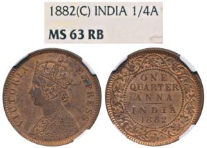 Victoria Queen, Copper ¼ Anna, 1882, Calcutta Mint, (Prid 615). Graded by NGC MS63 RB.
