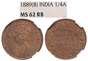 Victoria Empress, Copper ¼ Anna, 1889, Bombay Mint, (Prid 644). Graded by NGC MS62 RB.