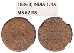 Victoria Empress, Copper ¼ Anna, 1889, Bombay Mint, (Prid 644). Graded by NGC MS62 RB.