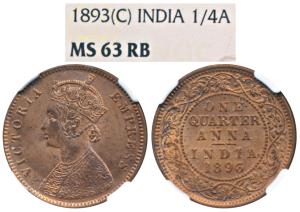 Victoria Empress, Copper ¼ Anna, 1893, Calcutta Mint (Prid 626). Graded by NGC MS63 RB.