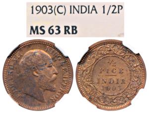 Edward VII, Copper ½ Pice, 1903, Calcutta Mint (Prid 735). Graded by NGC MS63RB.