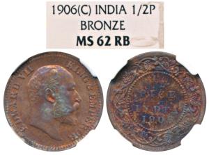 Edward VII, Copper ½ Pice, 1906 (Prid 739). Graded by NGC MS62RB.