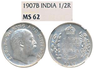 Edward VII, Silver ½ Rupee, 1907, Bombay Mint, (Prid 316). Graded by NGC MS62, Very Rare i