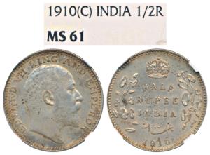 Edward VII, Silver ½ Rupee, 1910, Calcutta Mint, No mint mark, (Prid 314). Graded by NGC M
