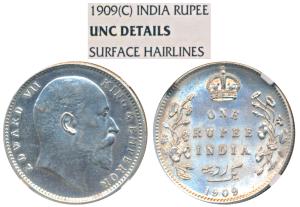 Edward VII, Silver Rupee, 1909, Calcutta Mint, (Prid 195). Graded by NGC UNC details, surf