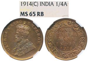 George V, Copper ¼ Anna, 1914, Calcutta Mint (Prid 660). Graded by NGC MS65RB.