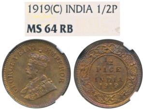 George V, Copper ½ Pice, 1919, Calcutta Mint (Prid 752). Graded by NGC MS64RB.