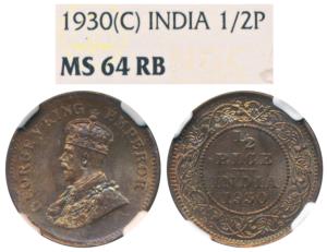 George V, Copper ½ Pice, 1930, Calcutta Mint (Prid 763). Graded by NGC MS64RB.