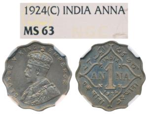 George V, Cupro-Nickel Anna, 1924, Calcutta Mint (Prid 930). Graded by NGC MS63.