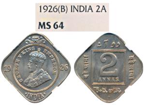 George V, Cupro-Nickel 2 Annas, 1926, Bombay Mint, (Prid 899). Graded by NGC MS64, Very Ra