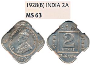 George V, Cupro-Nickel 2 Annas, 1928, Bombay Mint (Prid 901). Graded by NGC MS63, Rare.