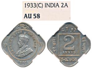 George V, Cupro-Nickel 2 Annas, 1933, Calcutta Mint (Prid 937). Graded by NGC AU58, Scarce