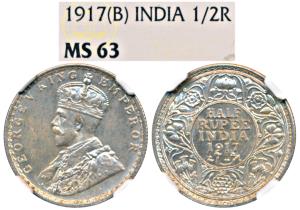 George V, Silver ½ Rupee, 1917, Bombay Mint (Prid 341). Graded by NGC MS63.