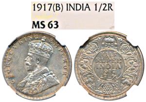 George V, Silver ½ Rupee, 1917, Bombay Mint (Prid 341). Graded by NGC MS63.