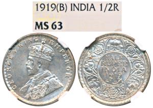 George V, Silver ½ Rupee, 1919, Bombay Mint (Prid 343). Graded by NGC MS63.