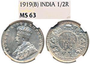 George V, Silver ½ Rupee, 1919, Bombay Mint (Prid 343). Graded by NGC MS63.