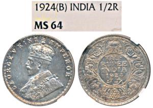 George V, Silver ½ Rupee, 1924, Bombay Mint (Prid 346). Graded by NGC MS64.