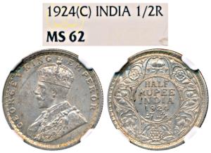 George V, Silver ½ Rupee, 1924, Calcutta Mint (Prid 327). Graded by NGC MS62.
