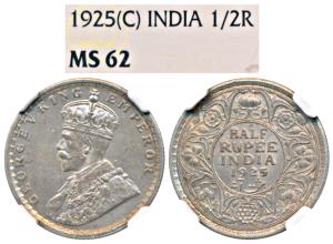 George V, Silver ½ Rupee, 1925, Calcutta Mint (Prid 328). Graded by NGC MS62.
