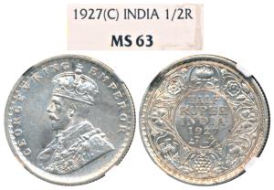 George V, Silver ½ Rupee, 1927, Calcutta Mint (Prid 330). Graded by NGC MS63.