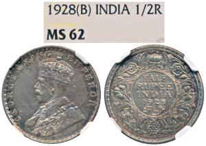 George V, Silver ½ Rupee, 1928, Bombay Mint (Prid 349). Graded by NGC MS62.
