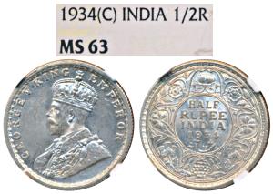George V, Silver ½ Rupee, 1934, Calcutta Mint, (Prid 334). Graded by NGC MS63.