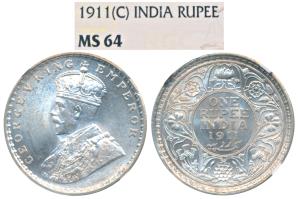 George V, Silver Rupee, 1911, Calcutta Mint, (Prid 207). Graded by NGC MS64, Rare.
