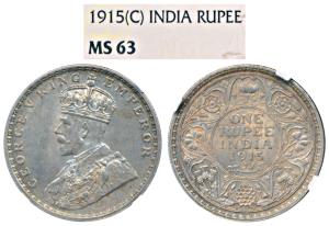George V, Silver Rupee, 1915, Calcutta Mint, (Prid 211). Graded by NGC MS63. Rare.