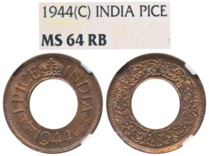 George VI, Copper Pice, 1944, Calcutta Mint. Graded by NGC MS64RB.