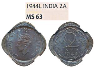George VI, Nickel Brass 2 Annas, 1944, Lahore Mint, (Prid 908). Superb toning, Graded by N