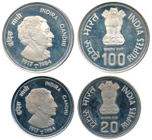 1984 Proof, Silver Rupees 100 and Cupro-Nickel Rupees 20, Death of Indira Gandhi, Bombay M