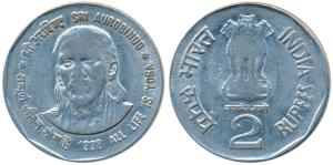 Steel Rupees 2, Sri Aurobindo, Calcutta Mint, Off-Metal Strike (OMS), instead of Cupro-Nic