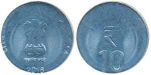 Steel Rupees 10, 2016, Error / Off-Metal Strike (OMS), struck in Rupees 2 flan Steel planc