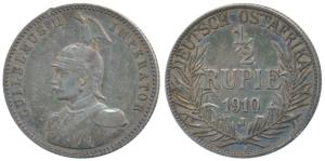 German East Africa, Wilhelm II, Silver ½ Rupie / Rupee, 5.79g, 1910J (KM 9). Nice toning, 