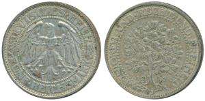 Germany, Silver 5 Reichsmark, obv. Imperial eagle within circle, rev. oak tree with date 1