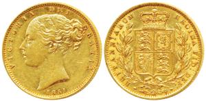 Great Britain, Victoria, Gold Sovereign, 8g, 1851, Young head, Shield on rev. (KM 736.1). 