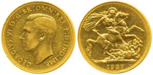 Great Britain, George VI, Gold 2 Pounds, 15.97g, St. George slaying a dragon on rev., 1937