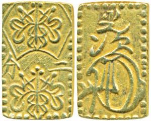 Japan, Iyesada, Shogun, Gold 2 Bu (Ni-bu), 2.99g, Ansei era, obv. Legend and floral patter