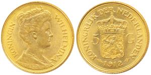 Netherlands, Wilhelmina, Gold 5 Gulden, 3.36g, 1912 (KM 151). A popular one year type, Unc